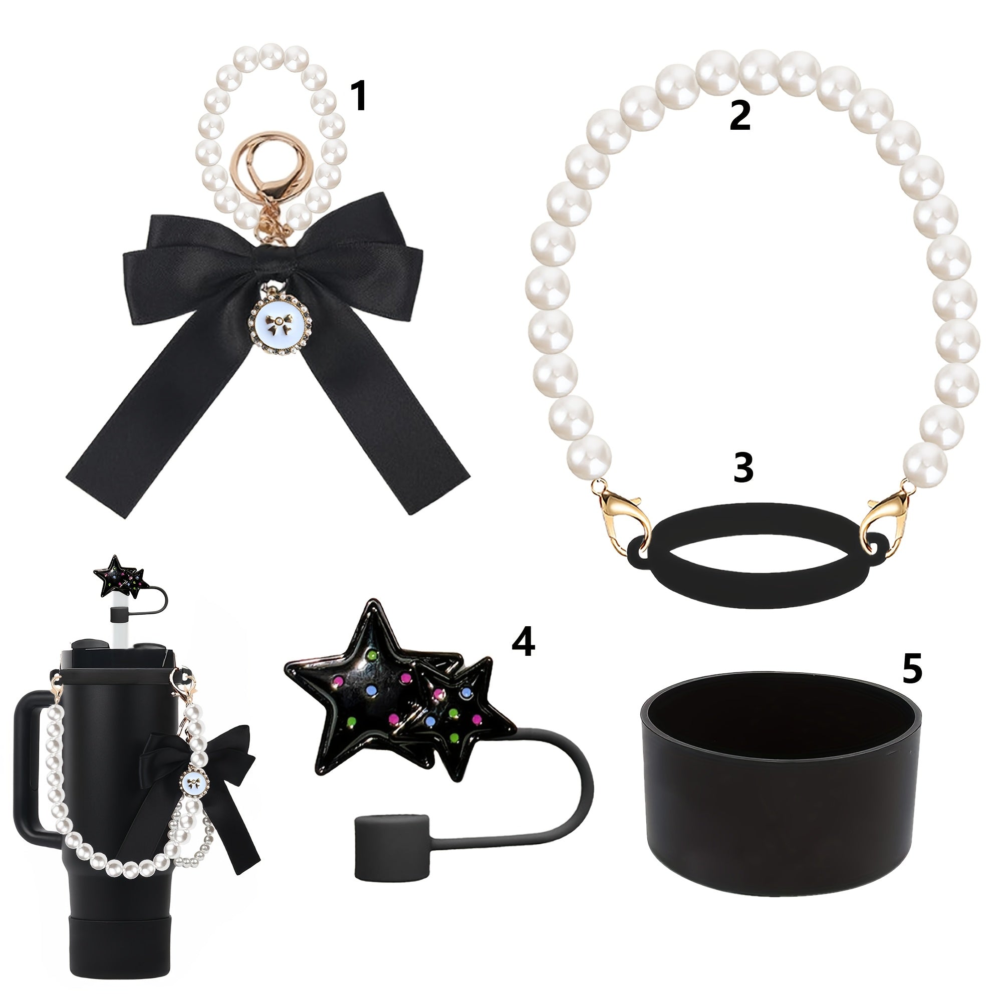 5pcs Tumbler Accessory Kit: Pearl Strap, Bow Keychain, Silicone Boot & Star Straw Cover - Compatible with 40oz & 30oz ST Cups - For Tumbler Enthusiasts - Perfect Gift for Birthdays & Holidays